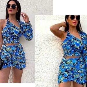 Zara blue floral flower one shoulder long sleeve cutout back tie blouse XS NWT